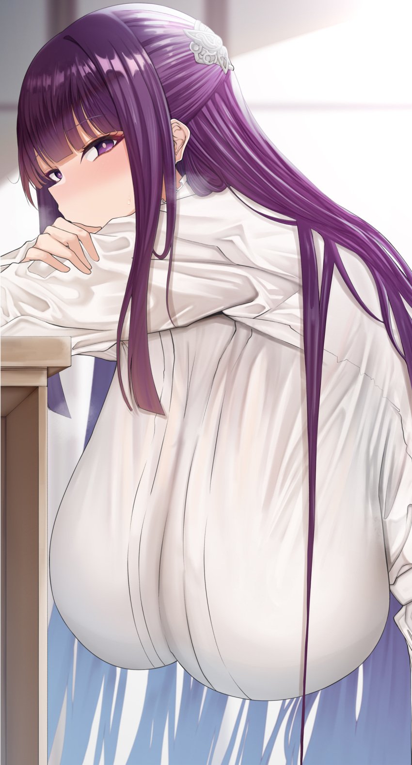 1girls big_breasts breasts busty chomikuplus clothed female female_only fern_(sousou_no_frieren) fully_clothed gigantic_breasts huge_breasts large_breasts light-skinned_female light_skin massive_breasts milf purple_eyes purple_hair solo sousou_no_frieren