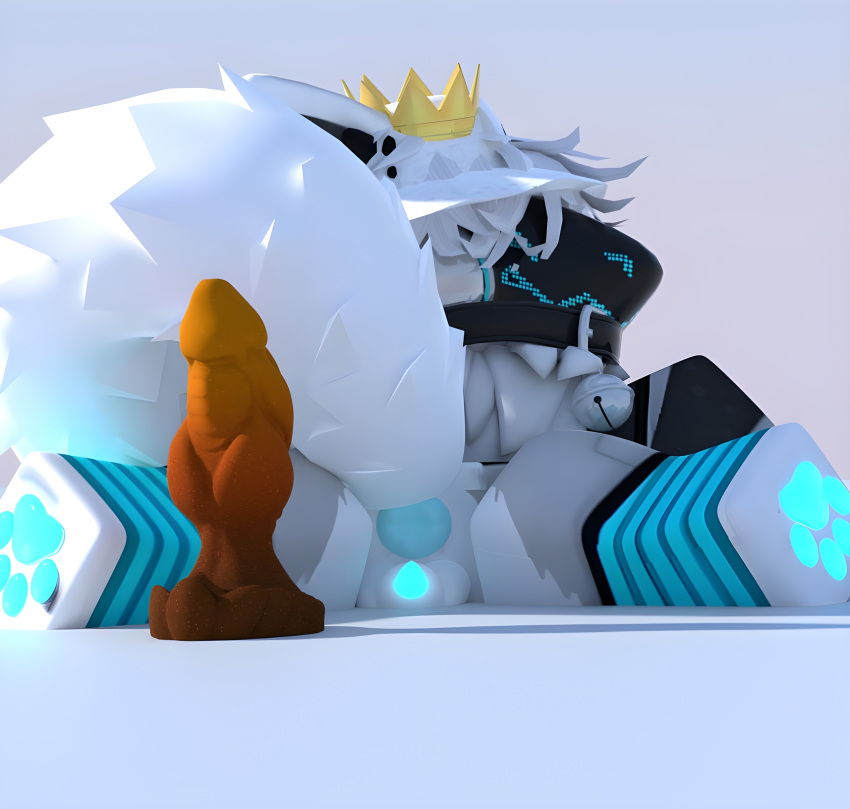 3d 3d_(artwork) absurd_res anthro anus ass azure_(floo) balls bell bell_collar black_body black_fur blender_(software) blender_cycles blue_clothing bodily_fluids clothing collar crotch_tuft crown digital_media_(artwork) ears_back erection floo fluffy fluffy_ears fluffy_tail fox_tail fur genital_fluids genitals hair happy hat headgear headwear hi_res knot legwear looking_at_viewer looking_back lying machine male male_penetrating neck_tuft nude on_front paws penetration penis pivoted_ears pose protogen protogen_visor punk reflection roblox robloxian sex shaded simple_background solo source_request submissive tail tuft visor warmers white_body white_fur white_hair