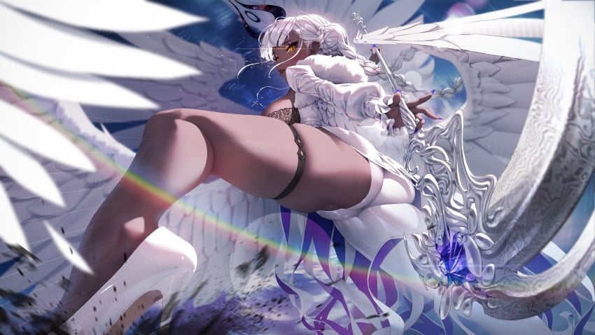 absurdres angel_wings banned_artist black_bra black_halo bra braid braided_bangs breasts cleavage_cutout clothing_cutout dark-skinned_female dark_skin feathered_wings female full_body hair_bun halo highres purple_nails rhasta sara_(millennium_tour) underwear wings