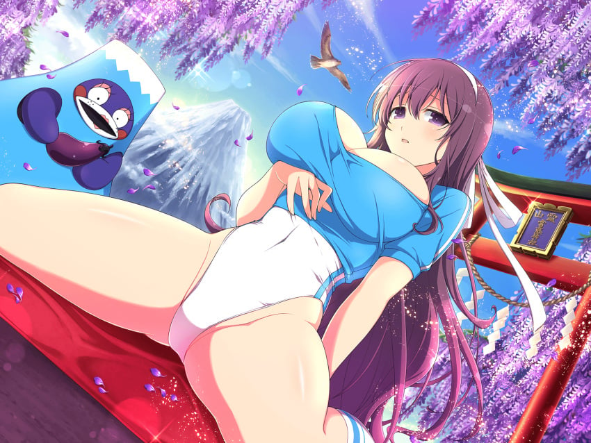 1girls :o architecture bird blue_shirt blue_sky blush breast_hold breasts cleavage cloud covered_navel day east_asian_architecture eggplant exercise falling_petals female food fruit gluteal_fold groin groin_tendon hair_between_eyes hair_ribbon hawk highres holding holding_food holding_fruit huge_breasts leaf lens_flare leotard light_particles linea_alba long_hair looking_at_viewer mount_fuji mountain murasaki_(senran_kagura) official_alternate_costume official_art open_mouth outdoors petals plant purple_eyes purple_hair purple_leaves ribbon rope senran_kagura senran_kagura_new_link senran_kagura_shinovi_versus shide shimenawa shiny_skin shirt sitting sky socks solo sparkle spread_legs striped striped_leotard stuffed_animal stuffed_toy sunlight teddy_bear torii translation_request tree very_long_hair wariza white_leotard white_ribbon white_socks yaegashi_nan