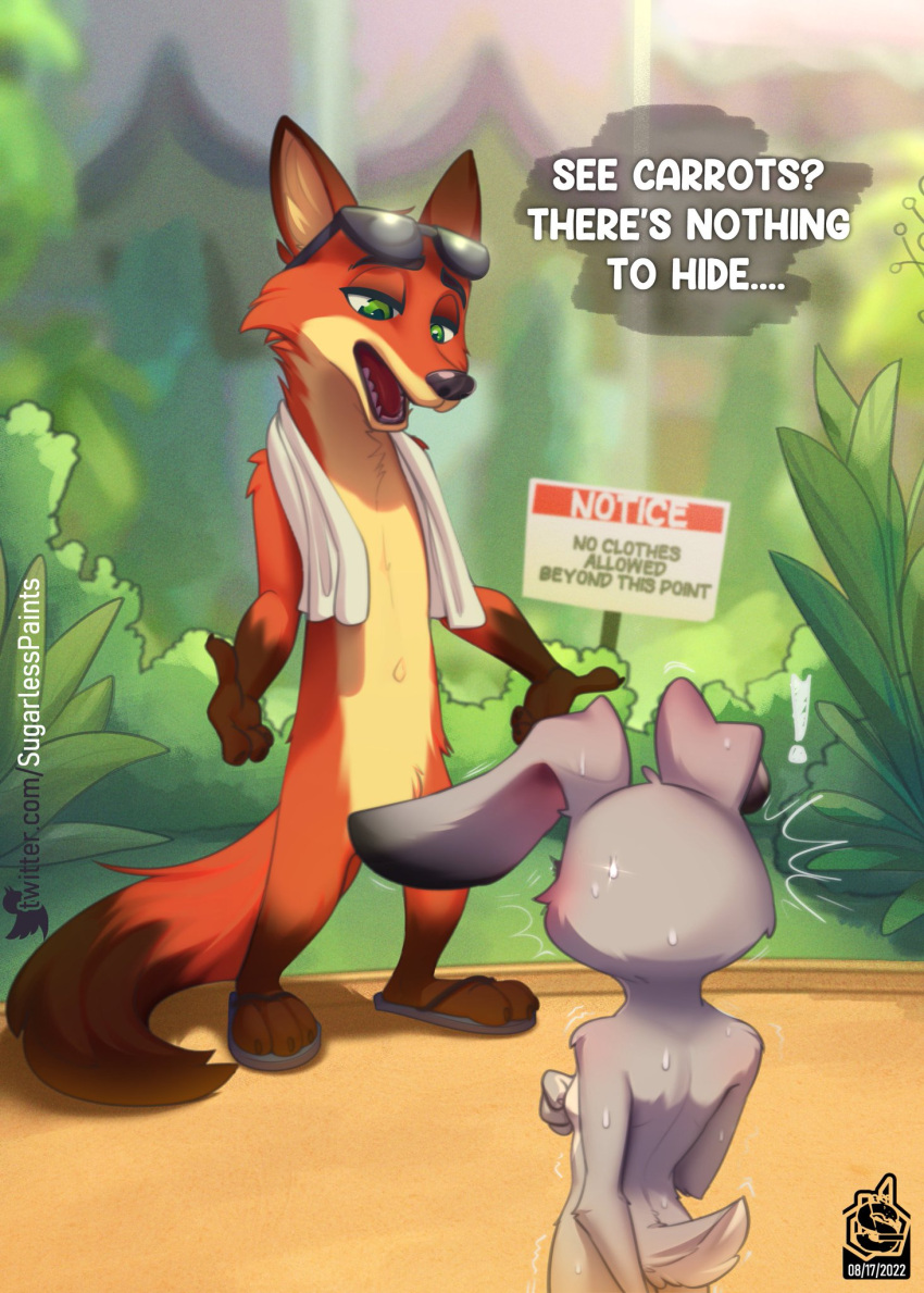 1boy 1girls 2023 black_nose breasts canid canine censored claws covering covering_breasts digital_media_(artwork) disney female fox fur furry furry_only green_eyes grey_body grey_fur judy_hopps lagomorph leporid long_ears male mammal navel nick_wilde nude orange_body orange_fur rabbit small_breasts sugarlesspaints sunglasses sunglasses_on_head tail towel zootopia