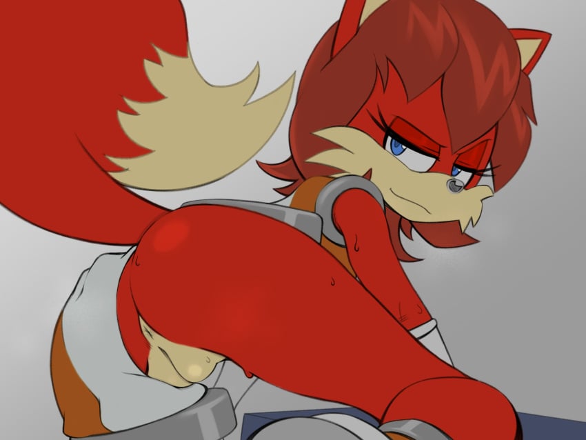 anthro anus archie_comics ass bodily_fluids canid canine clothing clothing_aside edit female fiona_fox fox fur genitals hair hi_res looking_at_viewer looking_back looking_back_at_viewer mammal pussy sega smile smiling_at_viewer solo sonic_(series) sonic_the_hedgehog_(archie) sonic_the_hedgehog_(comics) sonic_the_hedgehog_(series) spassticus sweat tail