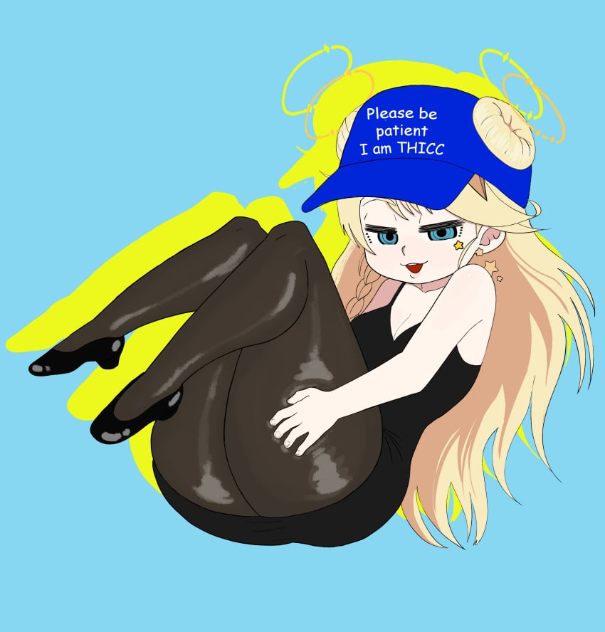 1girls black_clothing black_shoes blonde_hair blue_background blue_eyes brown_legwear cleavage clothed clothing female female_only fingernails hair_through_headwear hat headwear kaneko_lumi legwear light-skinned_female light_skin long_hair meme open_mouth pantyhose phase_connect phase_invaders pink_fingernails pink_nails shiny_clothes shiny_legwear simple_background solo star star_(symbol) star_hair_ornament the_justed_one_(artist) thick_thighs thigh_focus virtual_youtuber vtuber