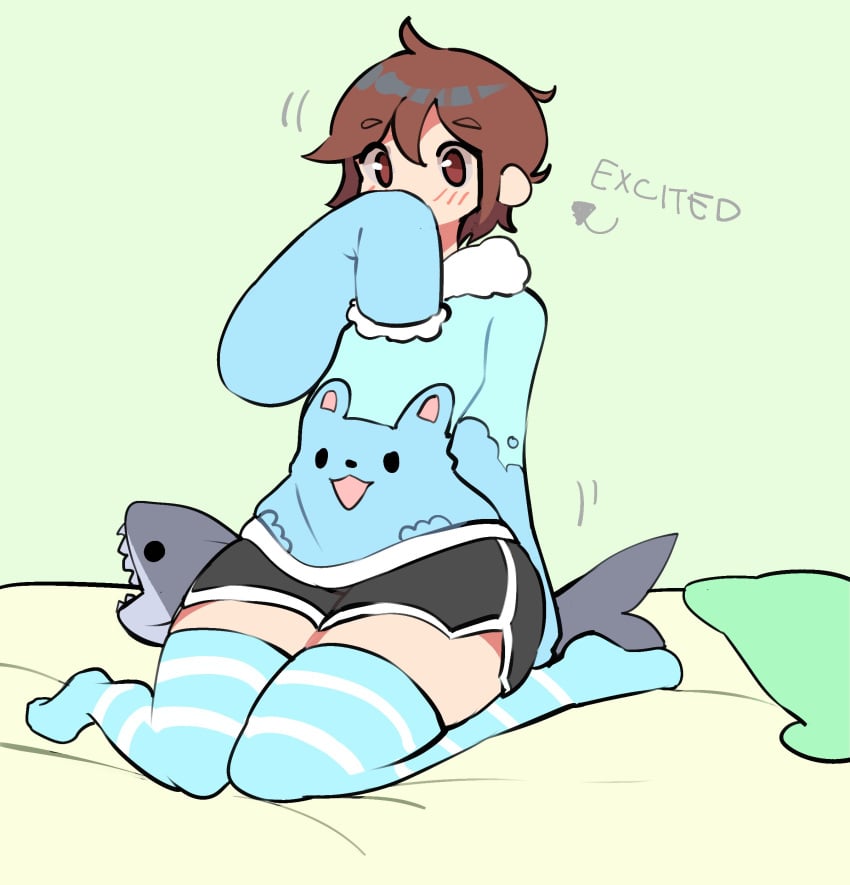 1boy bed bedroom blahaj blush blush_lines brown_eyes cute excited femboy feminine_male gym_shorts ikea in_love knees_together_feet_apart long_sleeves namesloo pajamas plump shaking shark_plush sitting_on_bed stockings striped_legwear tea_(namesloo) thick_thighs wiggle_lines