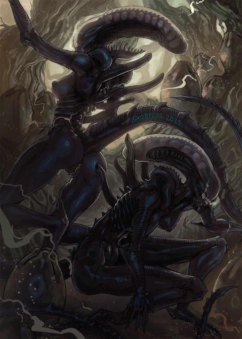 2girls alien alien_(franchise) alien_girl alien_humanoid alien_only ass big_ass big_butt big_head butt exobelos female female_only female_xenomorph hi_res large_head multiple_girls naked nipples nude tagme tail thighs thin xenomorph