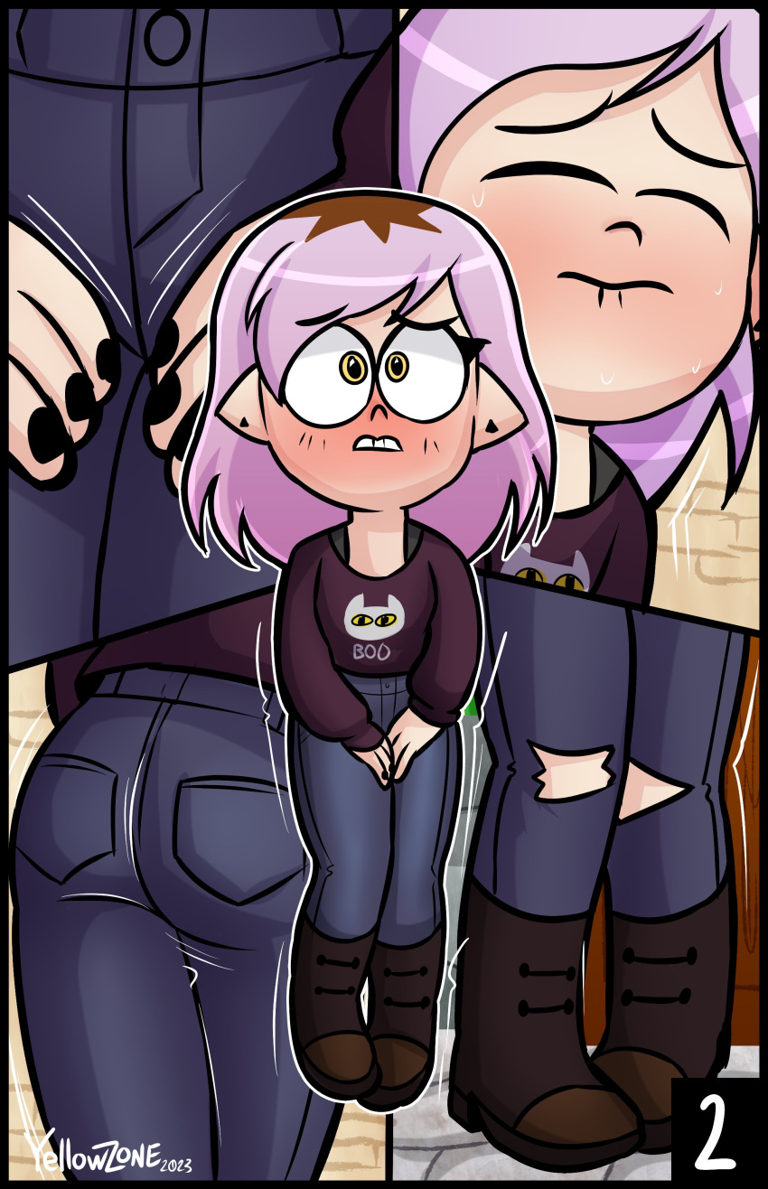 1girls amity_blight comic female female_only have_to_pee jeans nervous omorashi page_2 purple_hair small_breasts solo the_owl_house yellowzonemx