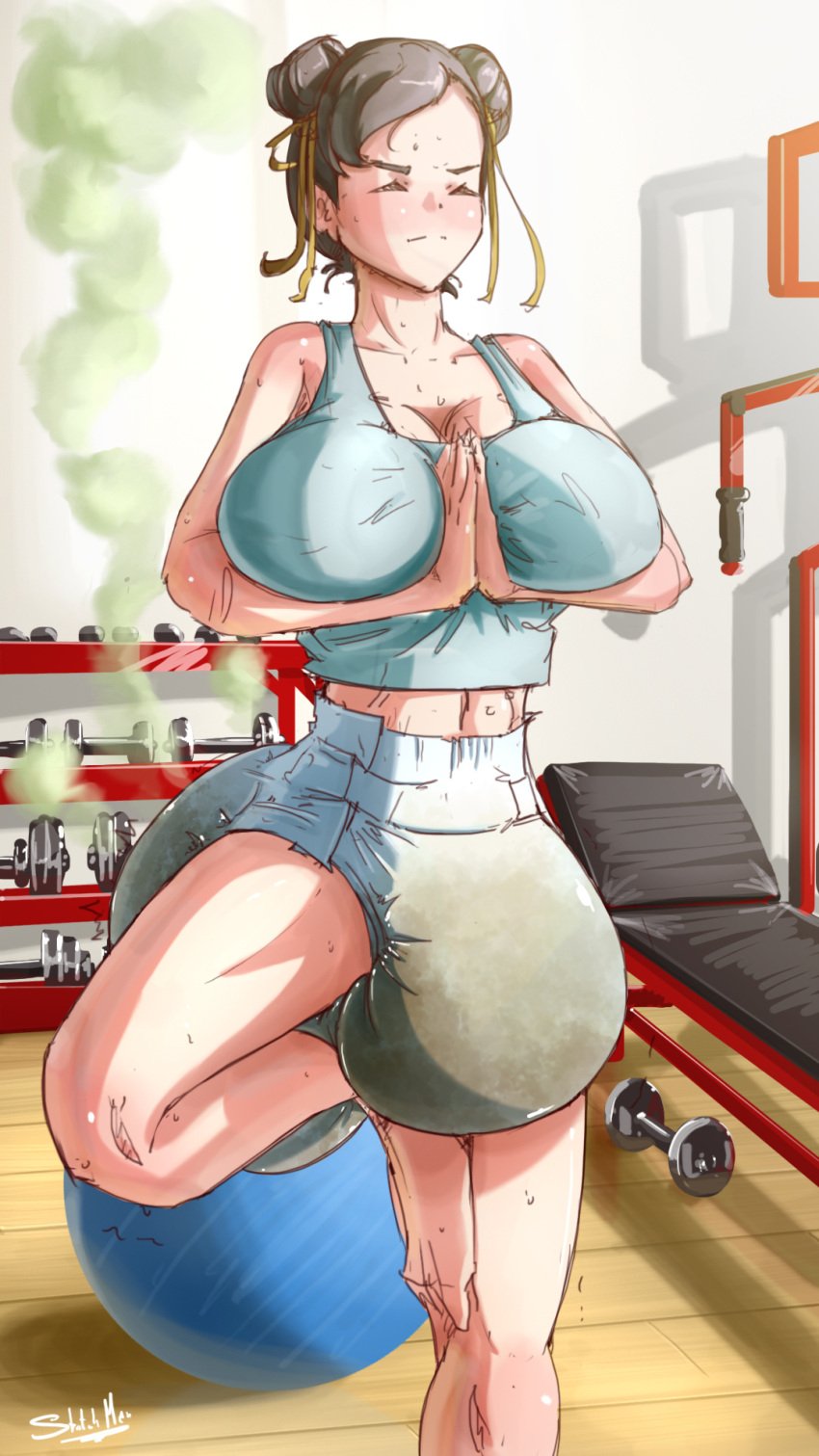 1girls big_breasts breasts chun-li cleavage closed_eyes diaper female messy_diaper scat sketchmandl soiling stink_fumes street_fighter sweat