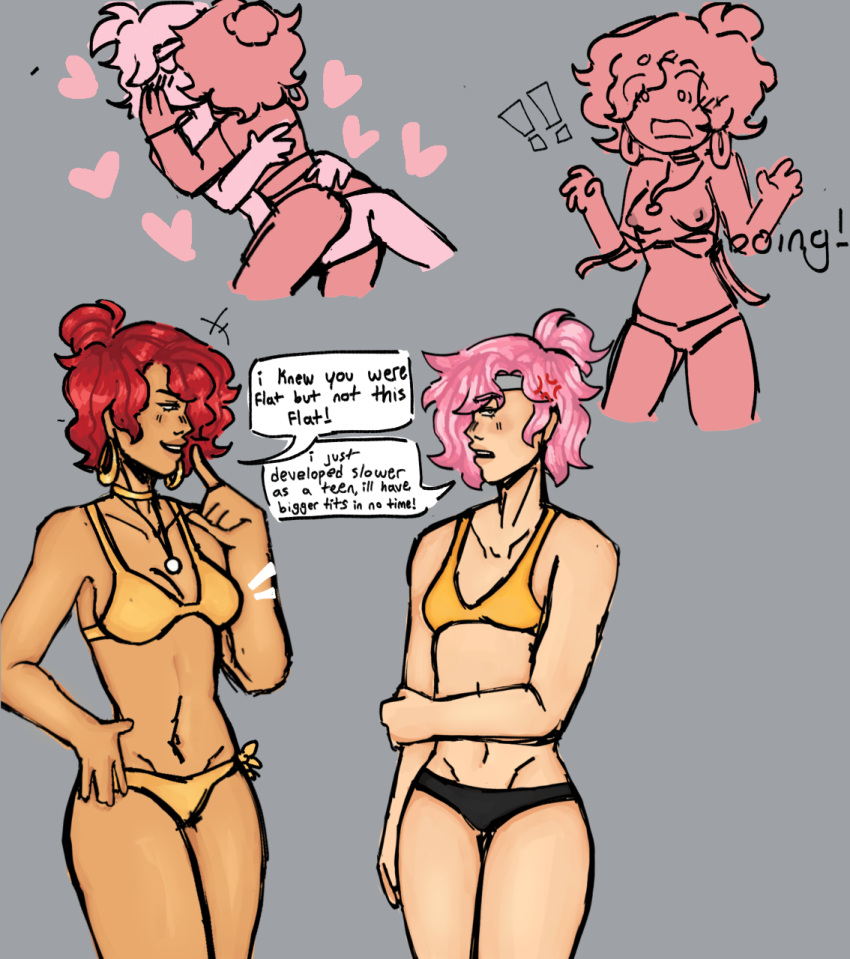 battle_for_bfdi battle_for_dream_island bfb bfdi big_boobs big_breasts boobs color colored comparing_breasts dialogue_bubble doodles grey_background hear_me_out humanization humanized jealous lesbian match_(bfdi) object_show object_shows only_female pencil_(bfdi) pink_hair red_hair small_boobs small_breasts