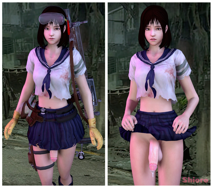 3d bottomless candy_tsai clothed clothing diving_mask dripping_cum futanari gloves gun lifting_skirt mostly_clothed pink_tip school_uniform schoolgirl shioro_(3d) solo state_of_survival torn_clothes torn_clothing virt-a-mate virtamate virtual_reality vr