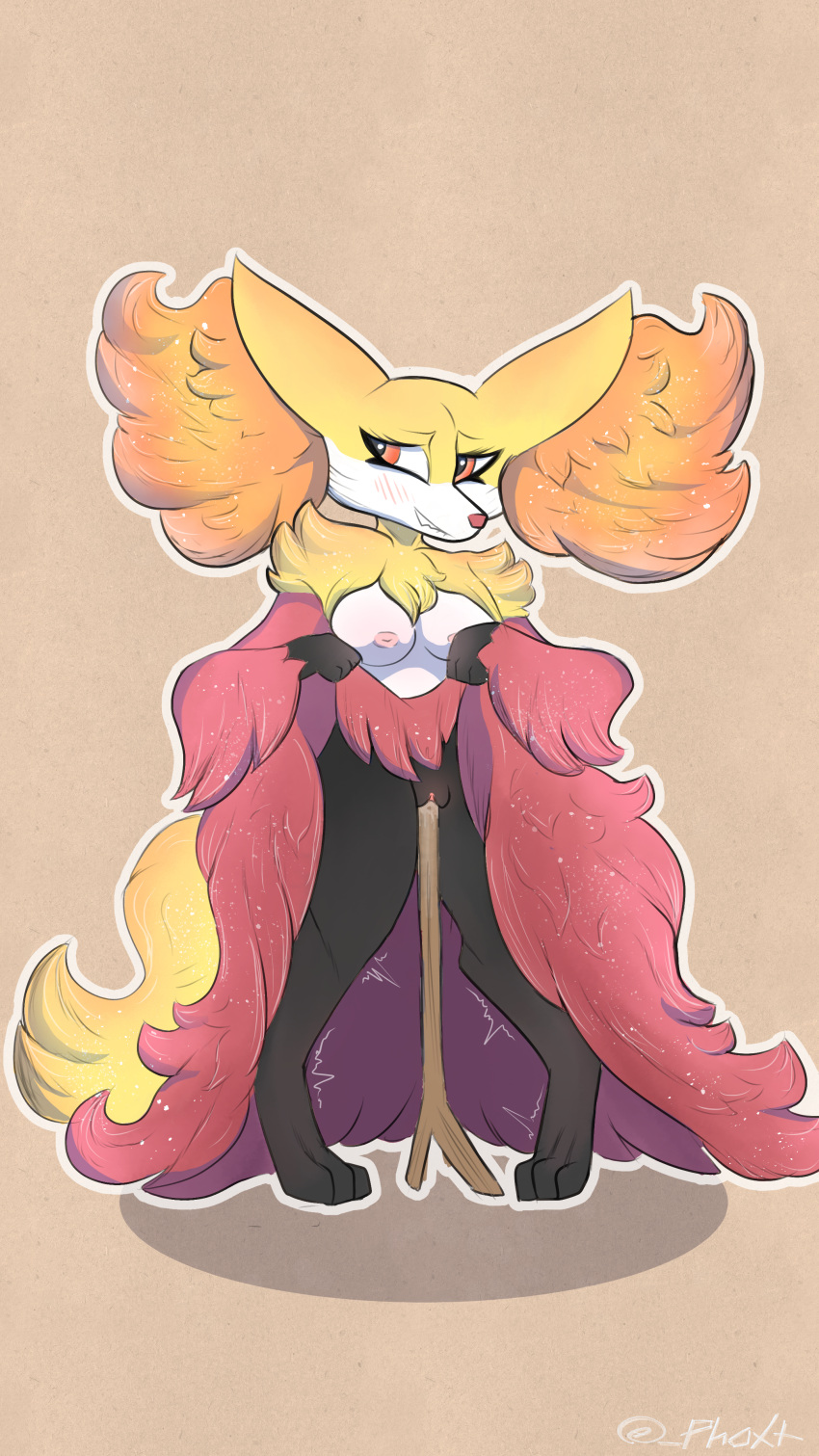 absurd_res anthro blush blush_lines bodily_fluids canid canine chest_tuft clothed clothing clothing_lift delphox dress dress_lift ears_down embarrassed eyelashes female fluffy fox generation_6_pokemon genital_fluids hi_res improvised_sex_toy inner_ear_fluff mammal nintendo nipples phoxtrot pivoted_ears pokemon pokemon_(species) pussy_juice shoulder_tuft solo stick tremble_spikes tuft