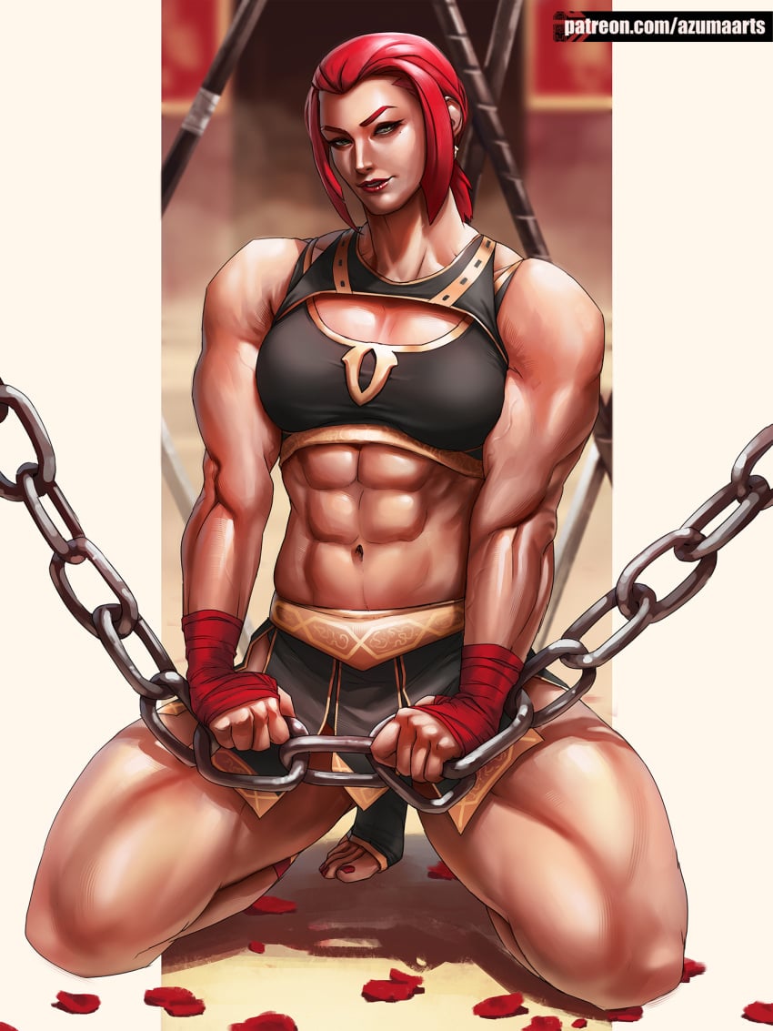 1girls abs absurd_res azuma_yasuo azumaarts biceps breasts capcom fingerless_gloves flexing green_eyes hi_res huge_breasts lipstick looking_at_viewer marisa_rossetti muscular muscular_female nail_polish navel red_hair red_lipstick red_nails smile street_fighter street_fighter_6 thick_thighs