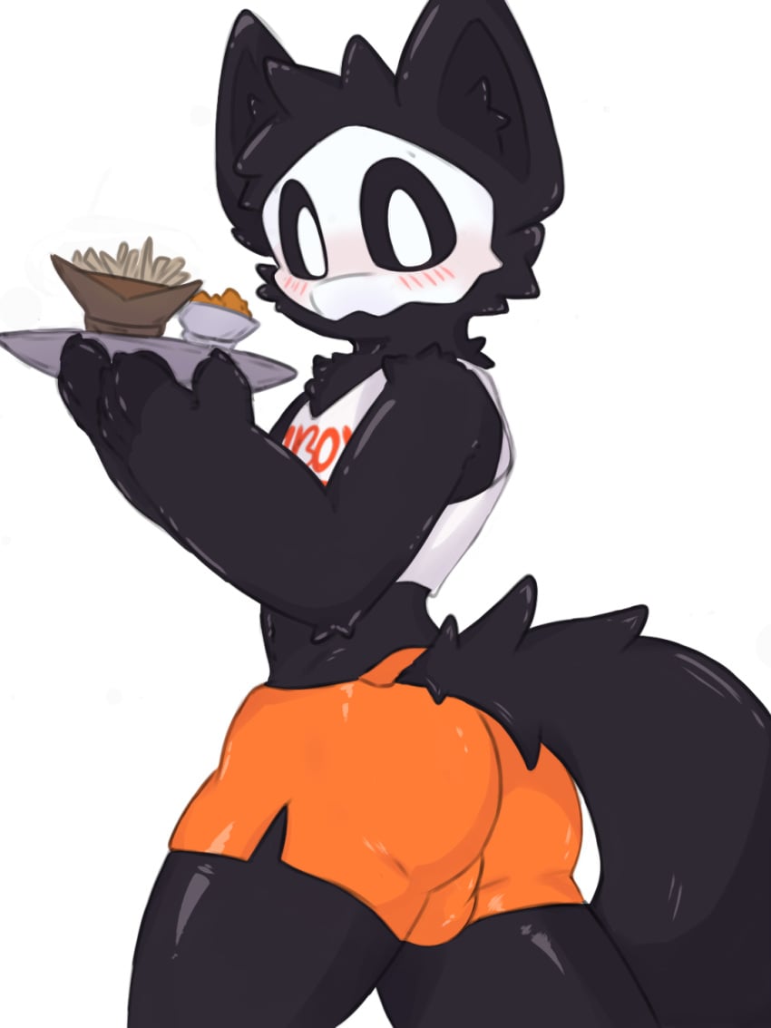 1boy adorable amateur_artist anthro black_body black_fur bulge changed_(video_game) clothed clothing crop_top cute femboy femboy_hooters furry goo goo_creature hooters k0_bemy male male_only mask puro_(changed) shorts simple_background solo solo_femboy solo_male white_background wolf