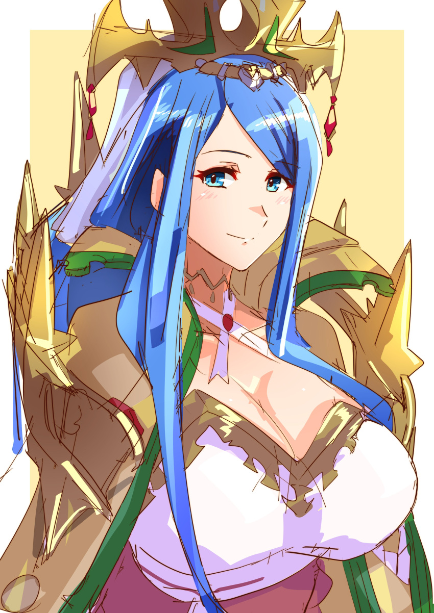 1girls absurdres blue_eyes blue_hair breasts closed_mouth clothing_cutout crown female female_only fire_emblem fire_emblem_engage hair_ornament highres large_breasts light_smile long_hair lumera_(fire_emblem) nintendo simple_background solo to_(tototo_tk) upper_body