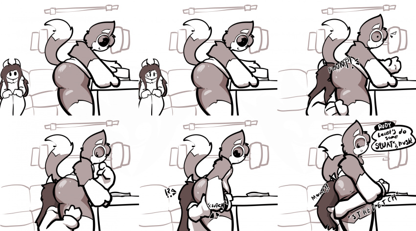 ambiguous_gender animal_crossing anthro ass bodily_fluids bubble_butt butt_focus consequences dominant dominant_anthro dominant_male duo exclamation_point exercise face_in_ass femboy forced held_by_wrists hi_res humanoid joshii larger_anthro larger_male male nintendo pulled pulled_by_another question_mark rudy_(animal_crossing) size_difference smothering sweat trapped trapped_in_butt