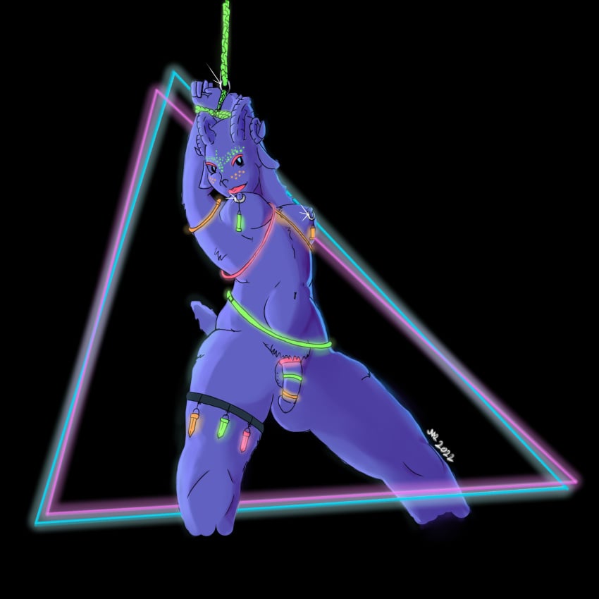 1boy anthro balls blacklight bodypaint bondage bound bovid breasts caprine femboy flaccid genitals girly goat hi_res looking_at_viewer male male/female male_only male_with_breasts mammal nar neon_lights nude penis piercing purple_body solo sowing_wild_goats synthwave