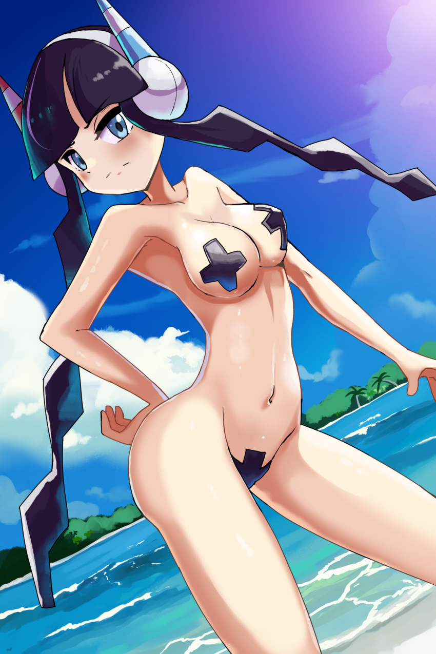 1girls 2022 ass beach big_breasts black_hair black_pasties blue_eyes breasts elesa_(pokemon) female female_only functionally_nude functionally_nude_female game_freak hair hand_on_hip headwear hips paraiso551 pasties pokemon pokemon_bw solo solo_female thighs twintails wide_hips x_pasties