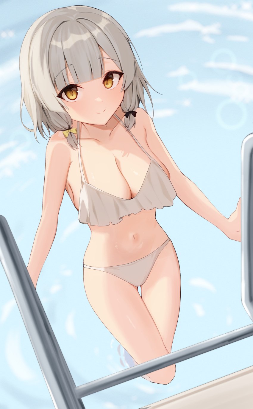 1girls belly_button bikini breasts cleavage eyebrows_visible_through_hair female female_only getting_out_of_pool grey_hair hair_ornament huge_breasts ladder light-skinned_female light_skin looking_at_viewer misononasubi pool pool_ladder production_kawaii shee_icho solo swimsuit virtual_youtuber water yellow_eyes