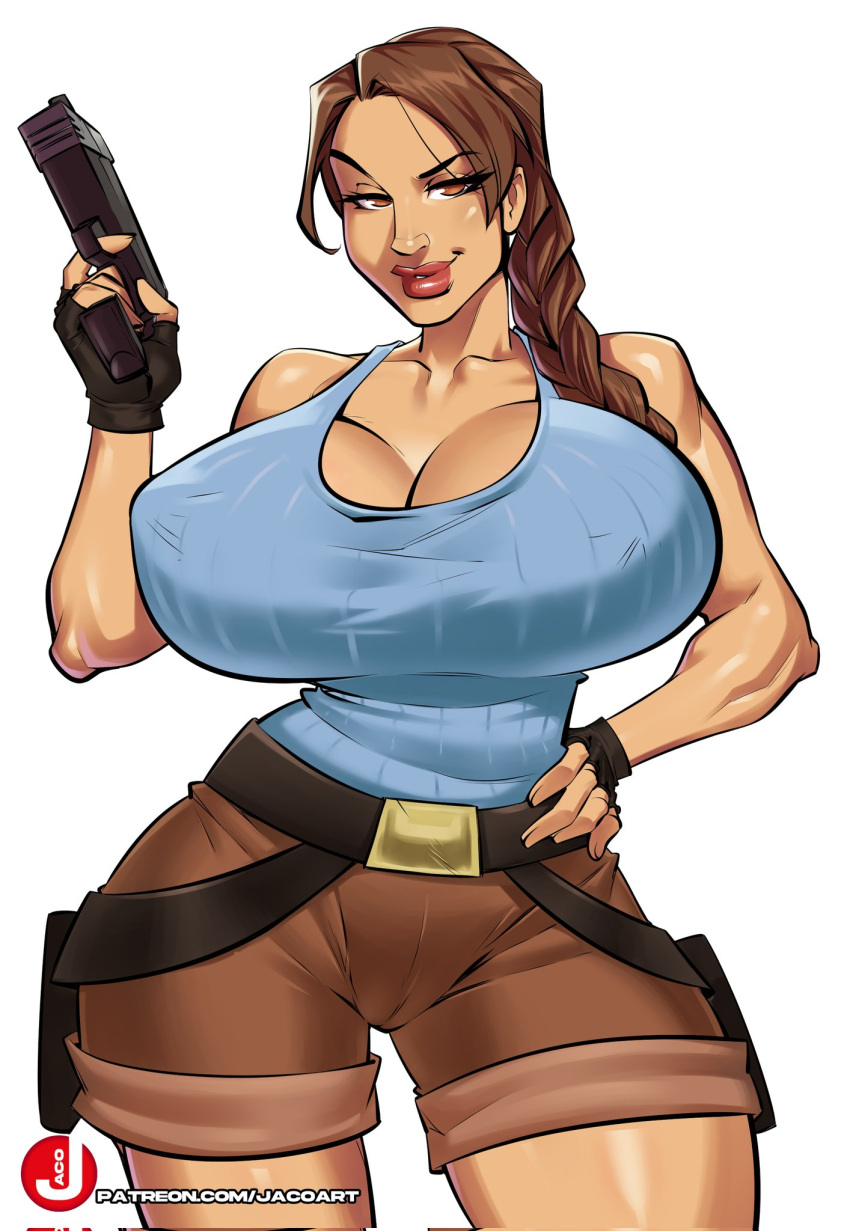 1female 1girl 1girls alternate_version_available big_breasts big_tits bimbo braid breasts breasts_bigger_than_head brown_eyes brown_hair busty cleavage female female_focus female_only gun holding_gun holding_pistol hourglass_figure huge_breasts huge_tits iacolare jacogram lara_croft lara_croft_(classic) large_breasts large_tits long_hair short_shorts standing tank_top tits tomb_raider weapon wide_hips