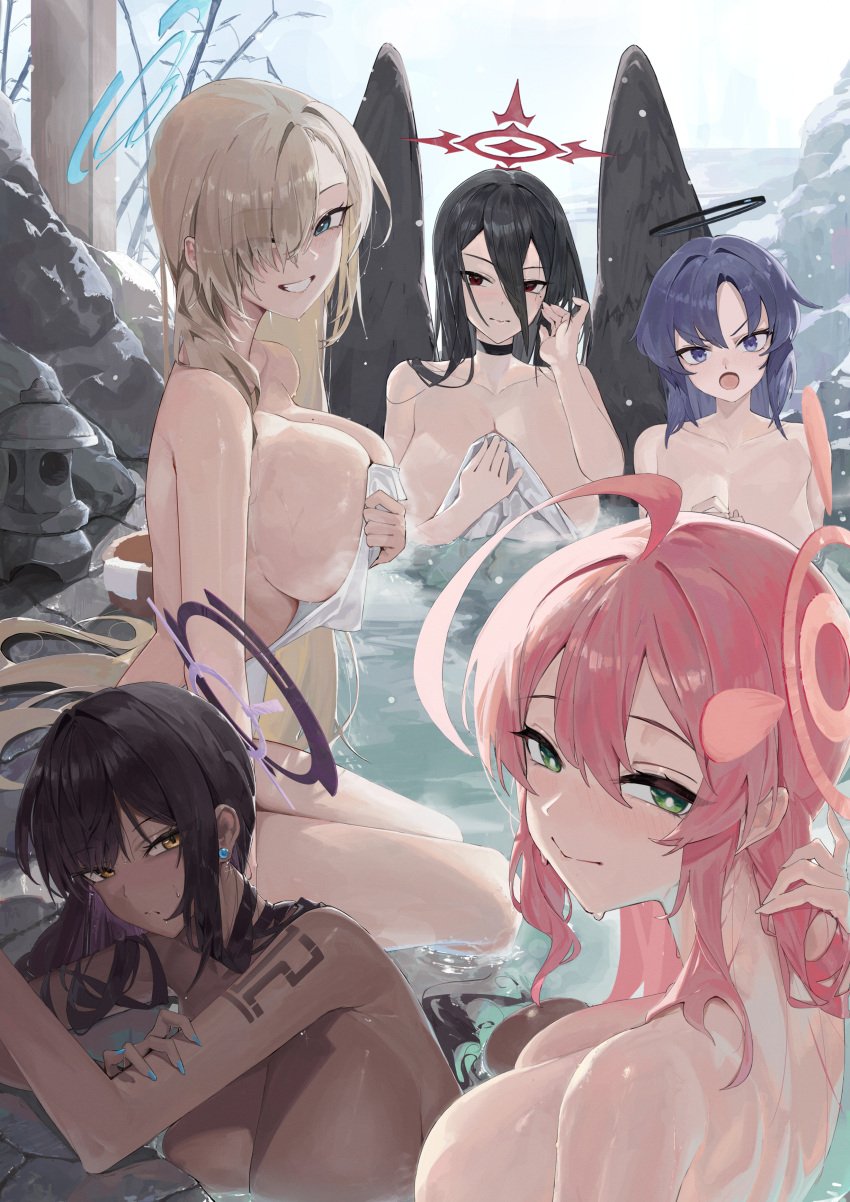 5girls absurdres ahoge asuna_(blue_archive) black_hair black_wings blue_archive blue_eyes blue_halo blush braid breasts cleaning_&_clearing_(blue_archive) closed_mouth commentary dark-skinned_female dark_skin day feathered_wings green_eyes grin hair_over_one_eye halo hanako_(blue_archive) hasumi_(blue_archive) highres huge_breasts justice_task_force_(blue_archive) karin_(blue_archive) large_breasts lemoneko light_brown_hair long_hair looking_at_viewer make-up_work_club_(blue_archive) mechanical_halo millennium_science_school_student mole mole_on_breast multiple_girls naked_towel onsen open_mouth outdoors pink_hair pink_halo purple_eyes purple_hair purple_halo red_eyes red_halo seminar_(blue_archive) shared_bathing single_braid smile symbol-only_commentary tagme_(artist) towel trinity_general_school_student water wings yellow_eyes yuuka_(blue_archive)