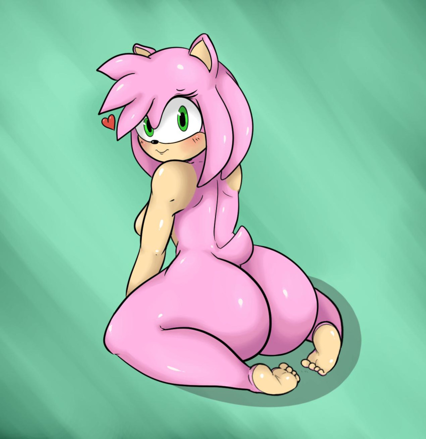 1girls 2019 amy_rose anthro ass barefoot big_ass blush completely_nude completely_nude_female cute feet female female_focus female_only full_body furry green_background heart kneeling looking_at_viewer looking_back naked naked_female nude nude_female pachislot sega sideboob smile solo solo_female sonic_(series) thick_thighs thighs