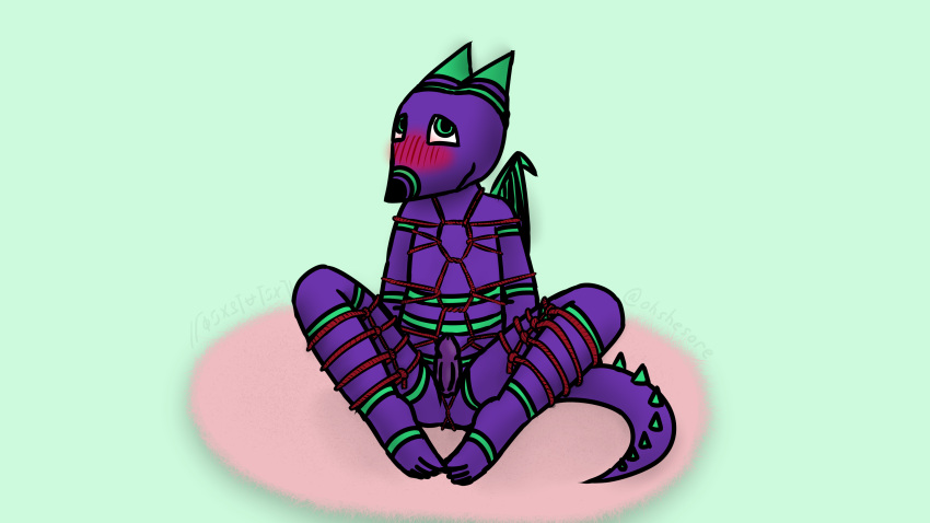 2023 2_horns absurd_res anthro arms_tied_behind_back blush blush_lines bondage bondage bound dragon embarrassed erection genitals green_background green_horn green_stripes hands_behind_back hi_res horn legs_tied looking_up male nude oshisaure penis purple_body purple_scales red_rope restraints rope rope_bondage rope_harness rug scales shy signature simple_background sitting sitting_on_ground solo spiked_tail spikes spikes_(anatomy) spread_legs spreading spyro_oshisaure stripes tail wings