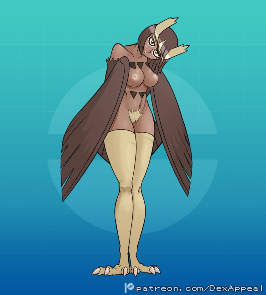 avian_feet bored_expression dark-skinned_female dark_skin dex_appeal feathered_wings feathers full_body harpy head_tilt looking_at_viewer monster_girl nintendo nipples noctowl nude nude_female pink_lips pokemon pokemon_(species) pokemorph pubic_hair pubic_tuft pussy short_hair talons wings