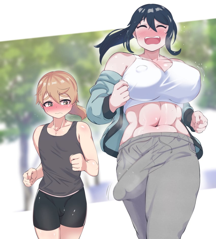 1boy 1futa big_breasts blonde_hair blush breasts bulge clothed clothing erection erection_under_clothes femboy fully_clothed futa_giantess futa_is_bigger futa_on_femboy futanari giantess huge_cock human jogging light-skinned_futanari light-skinned_male light_skin male mini_giantess muscle_girl na-ra(zincsbetle) penis penis_size_difference penis_under_clothes short_hair side_by_side size_difference solo_futa standing sweat sweatdrop sweating swinging_penis trap zincsbetle