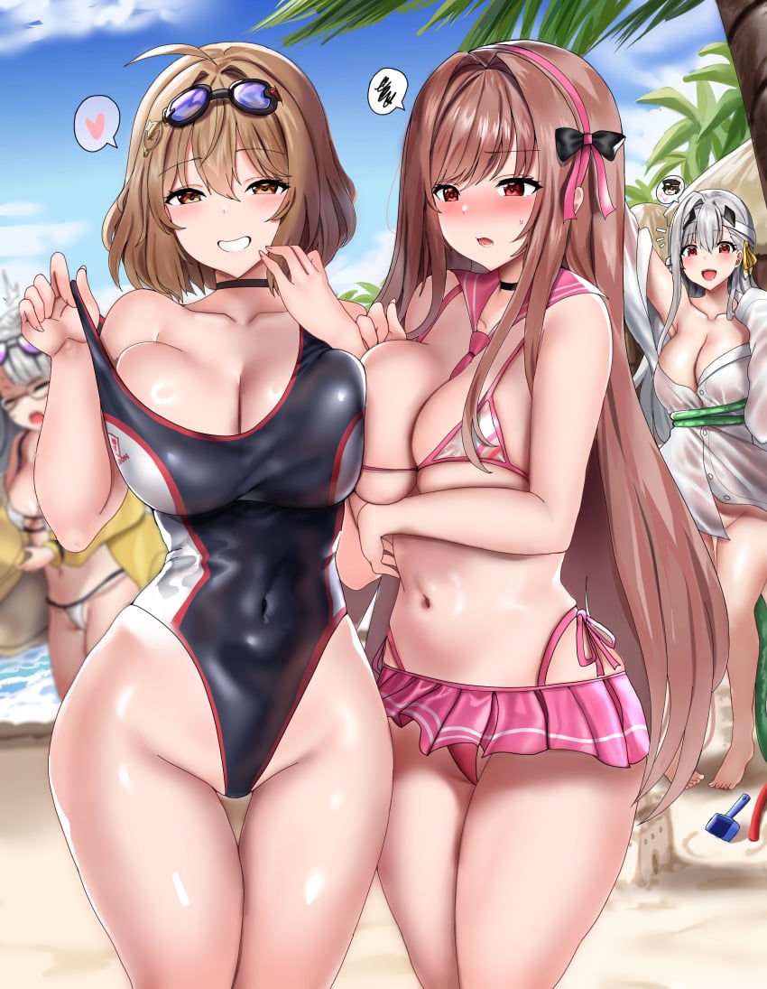 4girls :d absurdres android anis_(nikke) anis_(nikke)_(cosplay) anis_(sparkling_summer)_(nikke) beach bikini bikini_skirt black_choker black_one-piece_swimsuit blue_sky blurry blurry_background bow breasts brown_eyes brown_hair choker cleavage collarbone cosplay covered_navel day eyewear_on_head fary5 female female_focus female_only fully_clothed goddess_of_victory:_nikke goggles goggles_on_head grey_hair grin groin hairbow headband heart highres large_breasts light-skinned_female modernia_(first_affection)_(nikke) modernia_(nikke) multiple_girls navel neon_(blue_ocean)_(nikke) neon_(nikke) neon_(nikke)_(cosplay) one-piece_swimsuit open_mouth outdoors outfit_swap pink_bikini pulled_by_self rapi_(classic_vacation)_(nikke) rapi_(nikke) rapi_(nikke)_(cosplay) red_eyes revealing_clothes sailor_collar sand sand_castle sand_sculpture skimpy_clothes sky smile spoken_character spoken_heart spoken_squiggle squiggle stomach strap_pull swimsuit thigh_gap thighs white_bikini