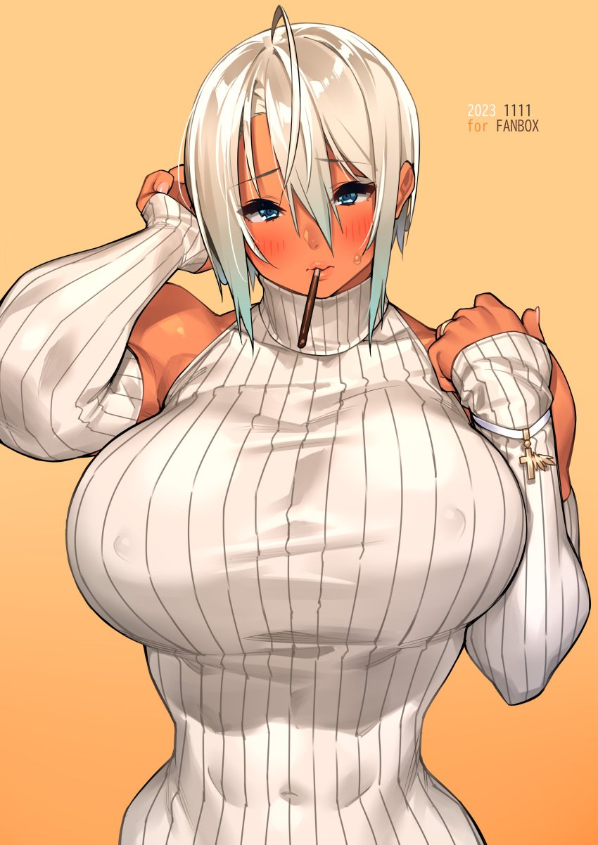 1girls abs absurdres breasts dark-skinned_female dark_skin detached_sleeves female female_only highres huge_breasts mouth_hold muscular_female nipple_bulge original pocky ribbed_sweater ring sela_(sela_god) sela_god short_hair sleeveless sleeveless_sweater solo sweater tight_clothing turtleneck turtleneck_sweater wedding_ring