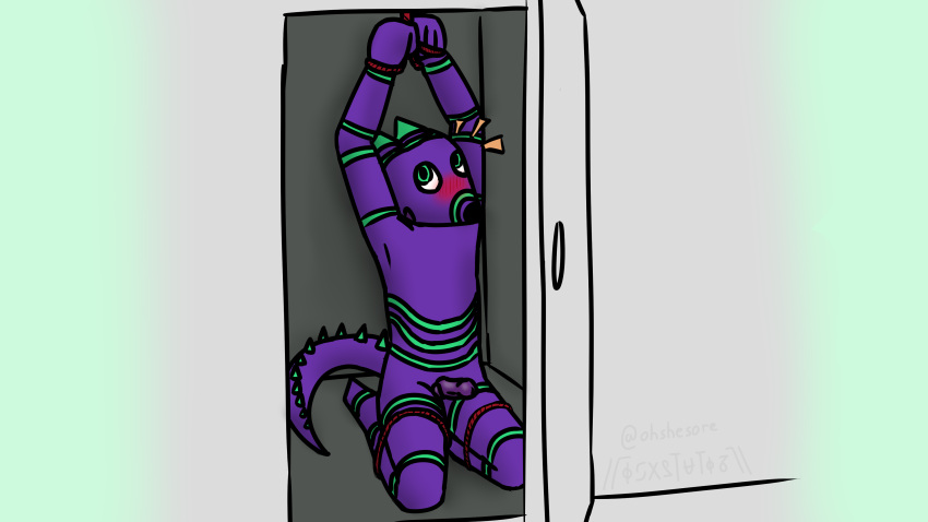 2023 2_horns absurd_res anthro blush blush_lines bondage bondage bound closet dragon embarrassed genitals green_background green_horn green_stripes grey_wall hands_tied hi_res hidden horn legs_tied looking_at_viewer male nude oshisaure penis purple_body purple_scales raised_arms red_rope restraints rope rope_bondage scales signature simple_background solo spiked_tail spikes spikes_(anatomy) spyro_oshisaure stripes surprise surprised_expression tail