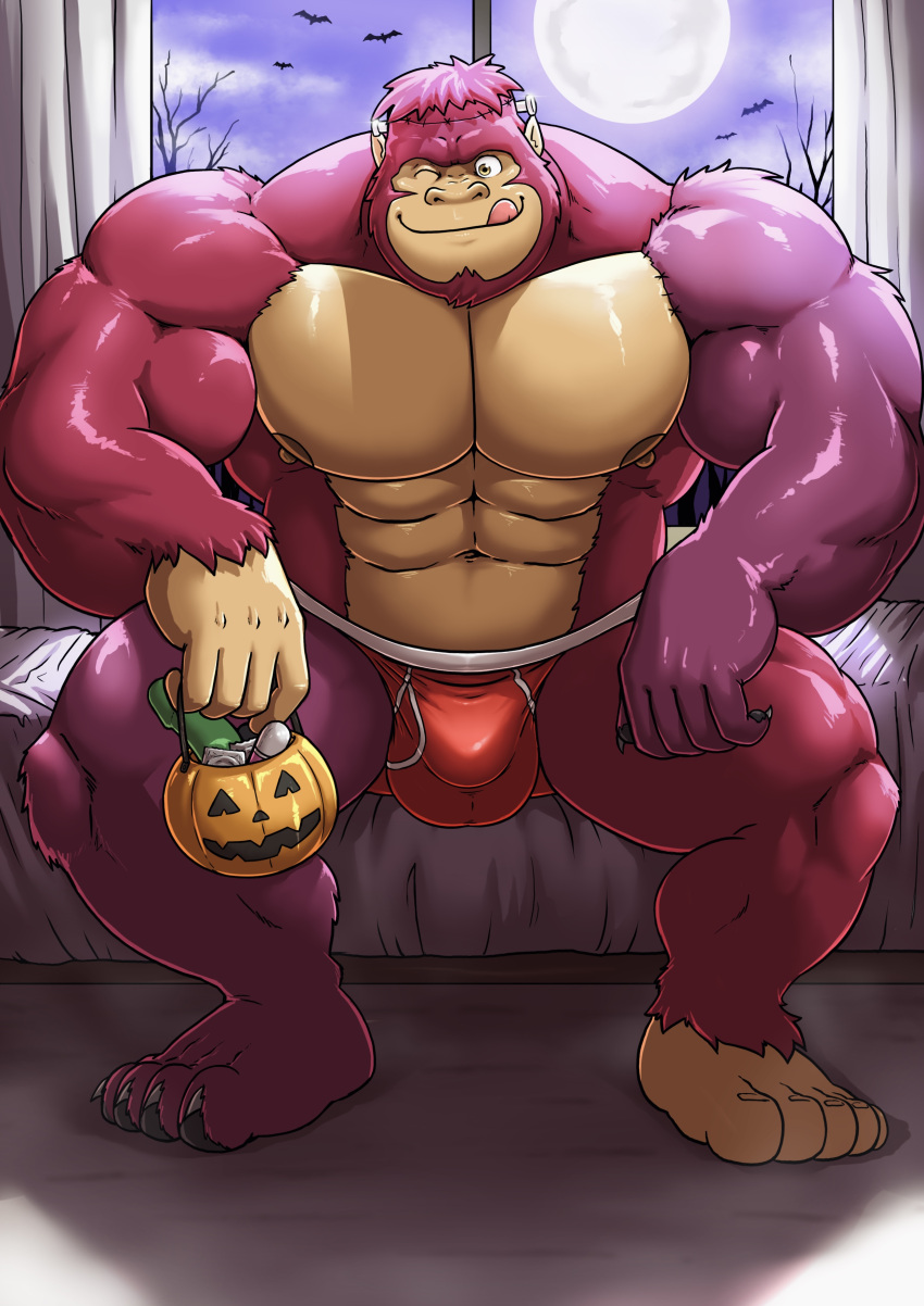 1boy 2023 anthro ape barazoku big_bulge briefs bulge costume frankenstein frankenstein's_monster fur furry gay gojho gorilla halloween halloween_costume hi_res highres holidays huge_bulge looking_at_viewer male male_focus male_nipples male_only mammal manly monster muscular_anthro nipples penis_outline pumpkin solo solo_male underwear