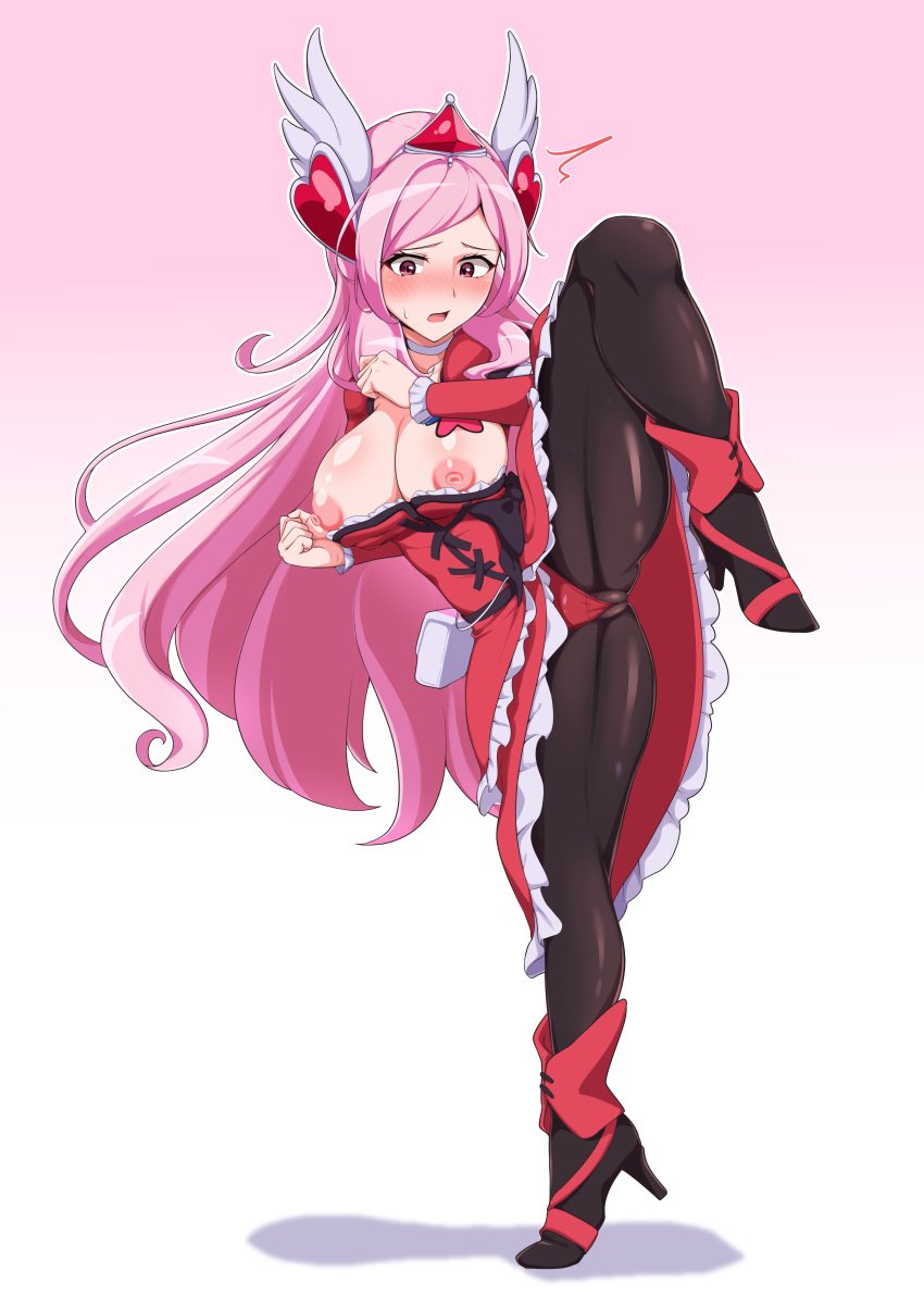 absurdres blush boots breasts choker clothing cure_passion dress embarrassed eyelashes female fresh_precure! gradient_background hair_ornament heart heart_hair_ornament higashi_setsuna high_heel_boots high_heels highres large_breasts long_hair looking_at_viewer magical_girl mujin_(mujinzairaisen) mujin_(mujinzairaisen) nipples pantyhose pink_background pink_eyes pink_hair precure pretty_cure red_dress solo