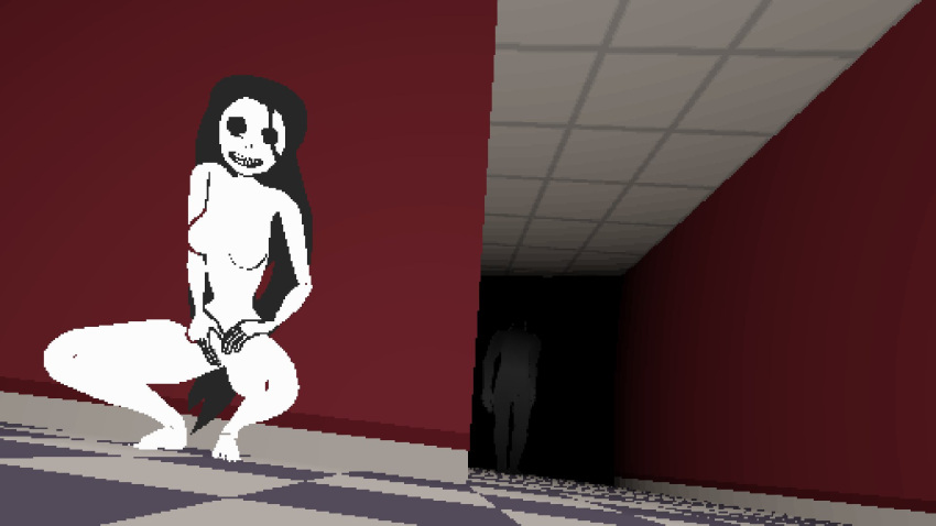 1boy 1girls 3d background_character barefoot black_hair completely_nude completely_nude_female female full_body hauntedsmut her_(imscared) imscared long_hair male naked naked_female nude nude_female pussy squatting