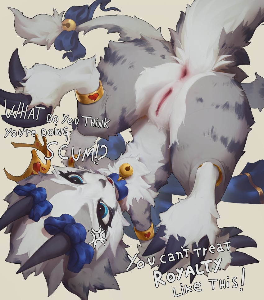 absurd_res angry anthro anus ass big_butt blue_eyes cheek_tuft chest_tuft claws collar crown dakoten dialogue digital_media_(artwork) english_text facial_tuft fangs female flat_chested fluffy forced freya_(nisvuthjusandre) fur furred_kobold genitals grey_body grey_fur headgear hi_res horn kobold nude open_mouth paws princess pussy royalty short_stack simple_background small_waist solo tail teeth text thick_thighs tuft white_body white_fur wide_hips