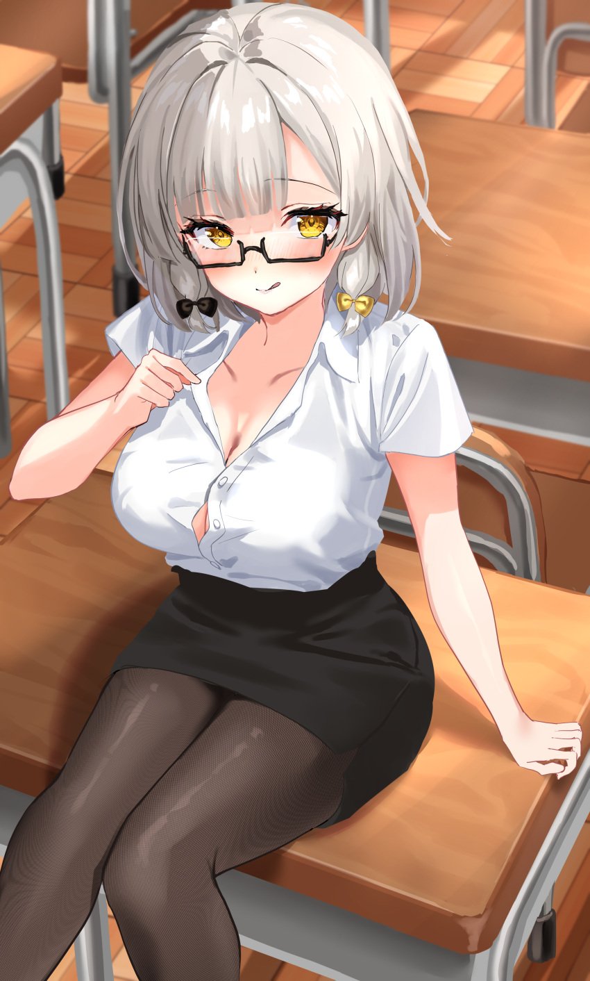 1girls blush breasts cleavage clothed clothing desk female female_only glasses grey_hair hair_ornament huge_breasts indoors licking_lips light-skinned_female light_skin looking_at_viewer nao_(naoooo_a) on_desk pantyhose production_kawaii seductive shee_icho shirt shirt_pull sitting sitting_on_desk skirt solo teacher teasing teasing_viewer virtual_youtuber yellow_eyes