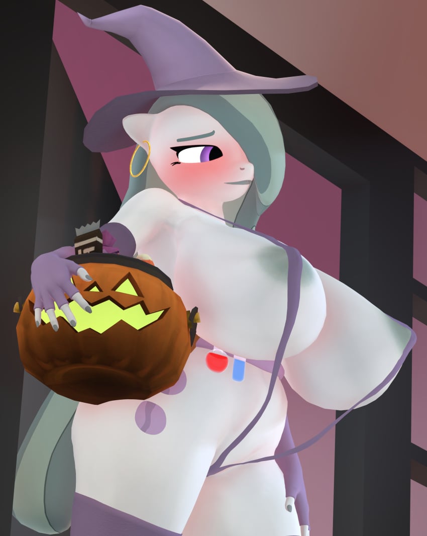 3d 3d_(artwork) anthro areola areola_slip big_breasts breasts clothing cutie_mark ear_piercing ear_ring earth_pony equid equine female fingerless_gloves friendship_is_magic gloves green_body green_hair green_skin halloween hasbro hat hi_res holidays horse huge_breasts mammal marble_pie_(mlp) my_little_pony piercing pony purple_eyes purplefondue ring_piercing smile solo source_filmmaker tail witch_hat