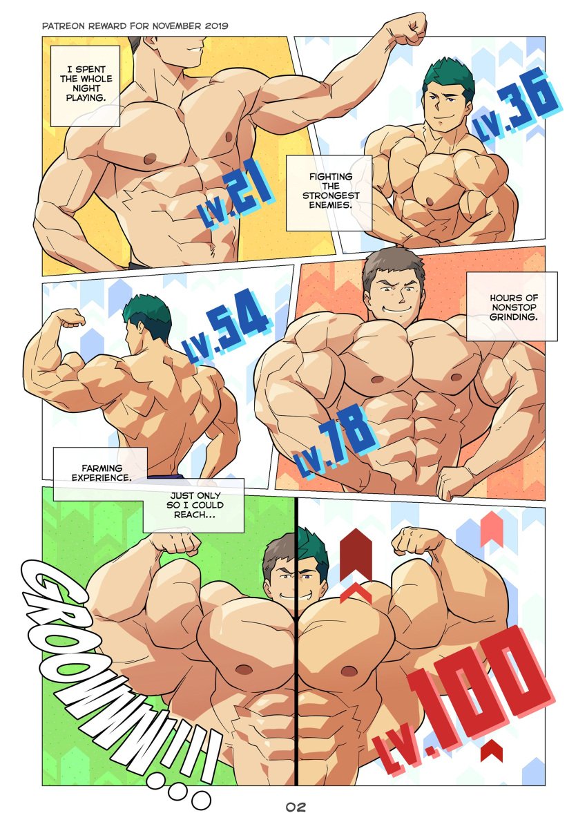 back_muscles bara biceps cocky cocky_smile double_biceps_pose flexing flexing_arms flexing_bicep flexing_muscles gameplay_mechanics gay latissimus_dorsi lats_(muscle) level_up male_only monster muscle muscle_growth muscle_pose muscles pecs smile smiling smirk smirking swole trapezius triceps video_game_character video_game_mechanics video_games yaoi zephleit