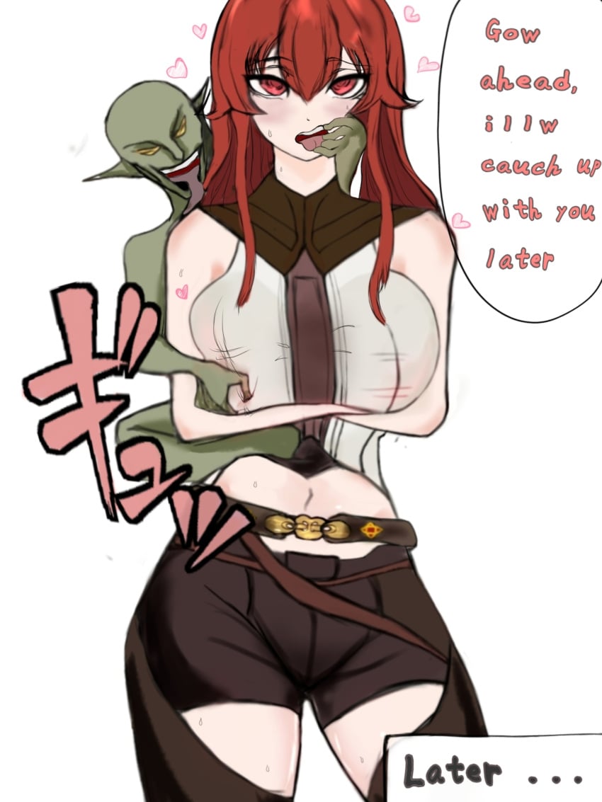 1boy 1girls before_sex big_breasts english_text eris_greyrat female goblin goblin_male grope grope_from_behind heart interspecies kinkylingky male monster mushoku_tensei onomatopoeia rape red_hair text