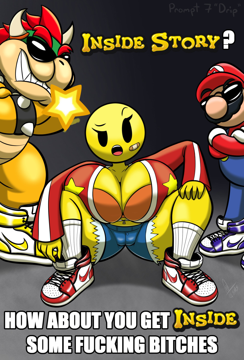 1boy 2boys big_ass big_breasts boob_window bowser cameltoe clothed drip drip_shoes female funny huge_ass huge_breasts inner_sideboob insulting_viewer mario mario_(series) mario_and_luigi_(series) meme nike nintendo sneakers starlow supermoonshroom