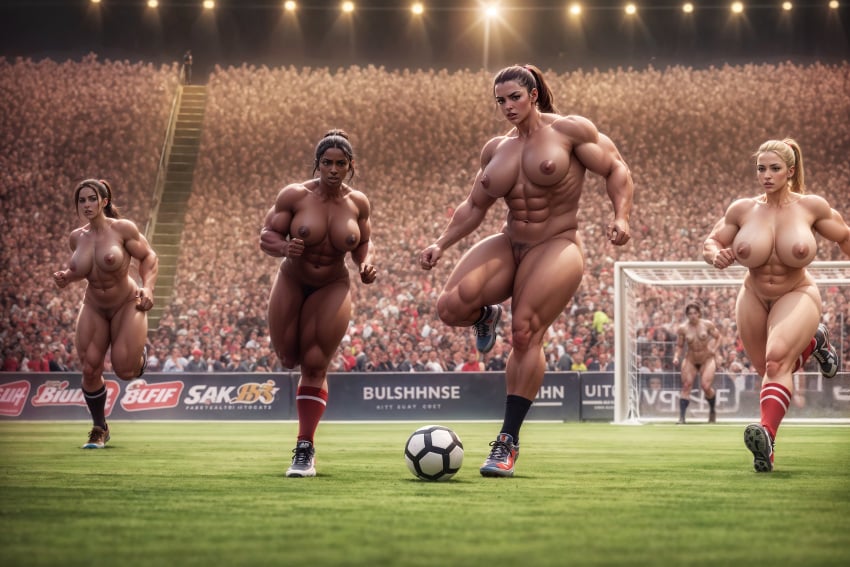 4girls abs absurd_res ai_generated breasts crowd dark-skinned_female dark_skin female female_focus kicking knoworai light-skinned_female light_skin multiple_girls muscular muscular_arms muscular_calves muscular_female muscular_thighs nipples nude nude_female pubic_hair public_nudity realistic running shoes_only soccer soccer_ball sport stable_diffusion