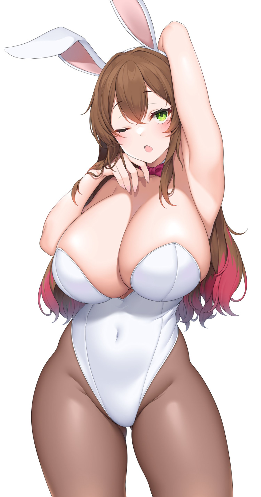 1girl 1girls 2023 arm_behind_head big_breasts breasts brown_hair bunny_ears bunny_ears_(cosmetic) bunnysuit female female_focus female_only green_eyes long_hair looking_at_viewer one_eye_closed pantyhose red_highlights solo solo_focus suruga_(xsurugax) thick_thighs very_high_resolution white_background