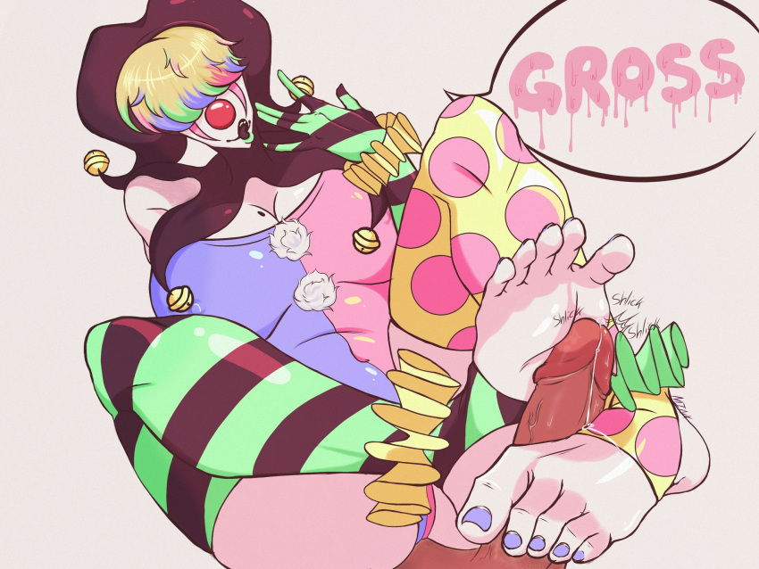 big_breasts big_penis blonde_hair clown clown_girl clown_makeup clown_nose feet female foot_fetish footjob gloves male/female minxami nail_polish precum precum_drip squishy_the_clown_(minxami) stirrup_legwear text text_bubble