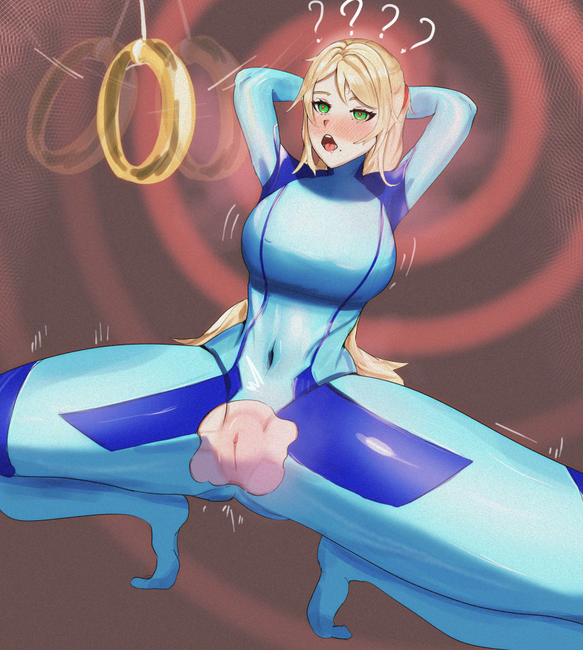 1girls blonde_hair bodysuit female female_only hypnosis legs_apart metroid mosshimossu open_mouth ponytail pussy samus_aran solo zero_suit_samus