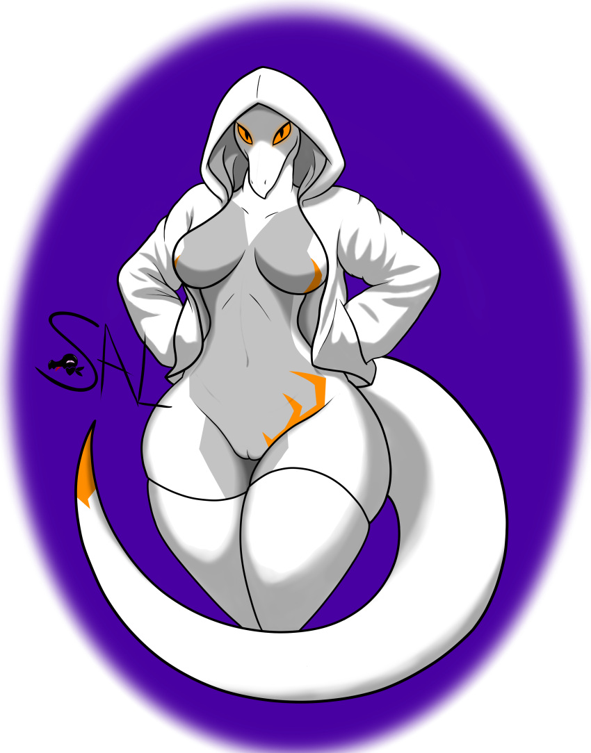 absurd_res alpha_channel anthro breasts clothed clothing curvy_figure featureless_breasts female generation_7_pokemon genitals grey_body hand_in_pocket hi_res hoodie hourglass_figure legwear lizard markings nintendo orange_eyes orange_pattern partially_clothed pockets pokemon pokemon_(species) pussy reptile salandile salazzle scalie signature simple_background solo thigh_highs topwear transparent_background white_body white_clothing wide_hips