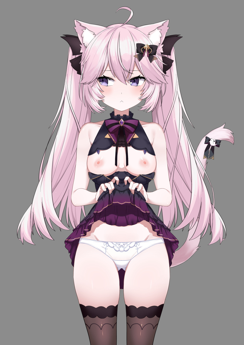 1girls bowtie breasts breasts_out cat_ears cat_tail commission embarrassed female female_only gray_background hair_ribbon highres indie_virtual_youtuber looking_away morisobo nyatasha_nyanners panties pink_hair purple_eyes skirt_lift solo thighhighs thighs twintails virtual_youtuber vshojo vtuber white_panties