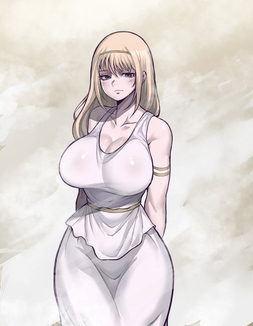 1girls 1milf ancient ancient_greek_clothes arm_band attack_on_titan bangs big_breasts blonde_hair blue_eyes dress good_artwork greco-roman_clothes greek_clothes large_breasts light_skin long_hair maimeetung milf pale_skin solo straight_hair tight_clothing white_skin wide_hips ymir_fritz