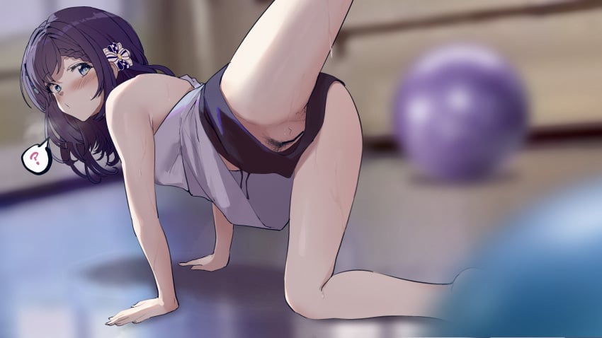 ? absurdres aiba_uiha all_fours ambulocetus bar_censor bare_arms bare_legs bare_shoulders black_shorts blue_eyes blurry blurry_background blurry_foreground blush braid censored commentary_request depth_of_field female female_pubic_hair from_behind hair_ornament highres indoors leg_up looking_at_viewer medium_hair nijisanji no_panties pubic_hair purple_hair pussy shirt shorts solo spoken_question_mark spread_legs sweat upshorts virtual_youtuber white_shirt