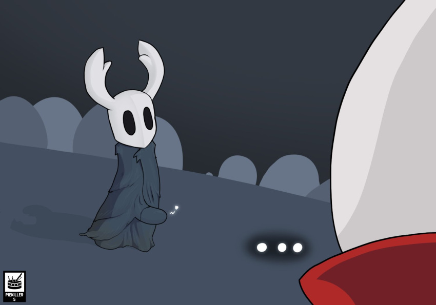 bulge bulge_through_clothing cloak hollow_knight hornet_(hollow_knight) looking_up piekiller5 protagonist_(hollow_knight) size_difference smaller_male