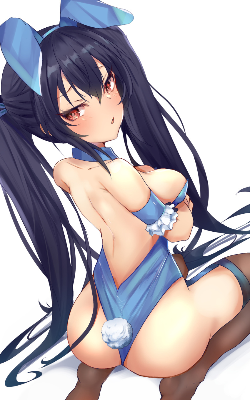 ass bare_back bare_shoulders bimmy black_hair blush breasts bunny_ears bunny_tail bunnysuit light-skinned_female looking_at_viewer looking_back neptunia_(series) noire on_knees open_mouth red_eyes simple_background solo twintails