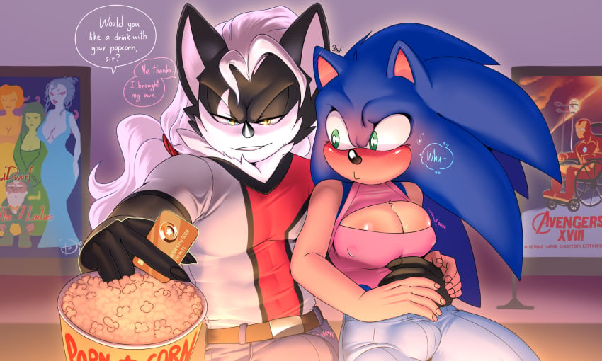 1boy 1girls 5:3 anthro black_body black_fur blue_body breasts canid canine canis cleavage clothed clothing dialogue duo english_text erection erection_under_clothing eulipotyphlan fur gynomorph gynomorph/male hedgehog hi_res infinite_(sonic) intersex intersex/male jackal krazyelf male male_villain mammal mtf_transformation multicolored_body multicolored_fur rule_63 sega sonic_(series) sonic_forces sonic_the_hedgehog sonic_the_hedgehog_(series) sonique_the_hedgehog tan_body text two_tone_body two_tone_fur white_body white_fur